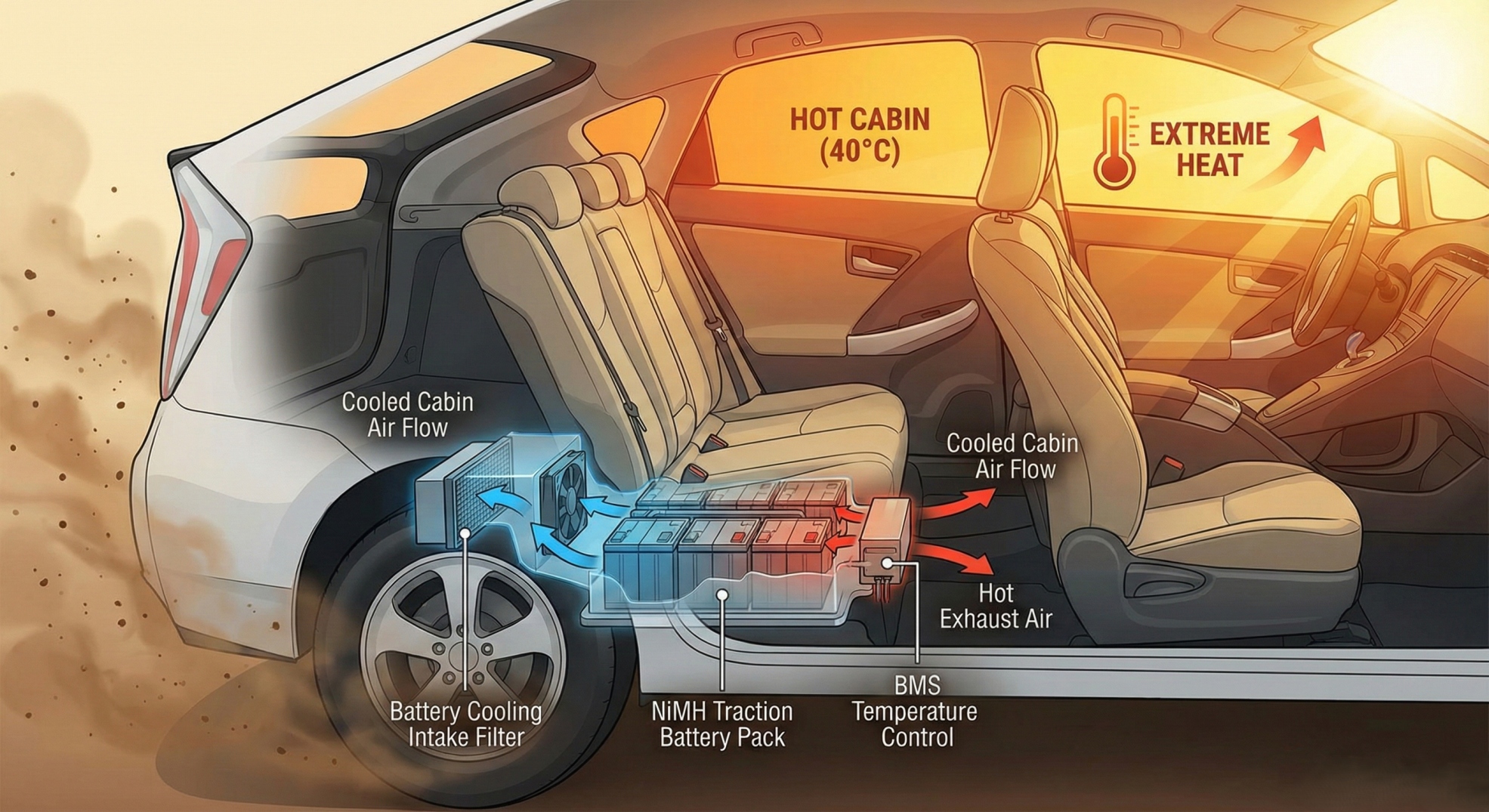Diagram of hybrid battery cooling airflow and heat management inside a hybrid car operating in South Sudan’s hot climate